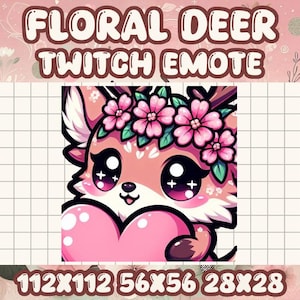May include: A cartoon deer with pink flowers in its antlers, holding a pink heart. The deer has large, sparkling eyes and a cute expression. The background is a white grid.