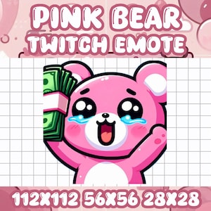 Emote de dinheiro de urso rosa | Ícones fofos do Twitch e Discord | Emotes de jogador chibi kawaii para transmissões ao vivo. Compras com cartão de crédito e muito dinheiro.