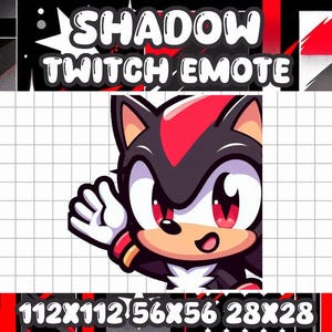 May include: A cartoon illustration of Shadow the Hedgehog, a black and red character with red eyes, waving with a white gloved hand. The image is a Twitch emote with the text "SHADOW TWITCH EMOTE" above the character and the dimensions "112X112 56X56 28X28" below.