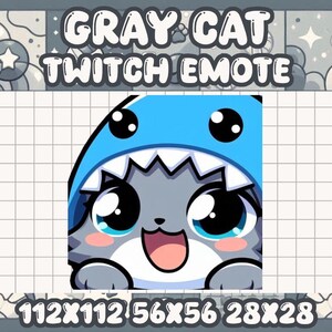 May include: A gray cat wearing a blue shark costume with big eyes and a wide open mouth. The cat is looking at the viewer. The image is a Twitch emote with the text "GRAY CAT TWITCH EMOTE" above the cat and the dimensions "112X112 56X56 28X28" below the cat.