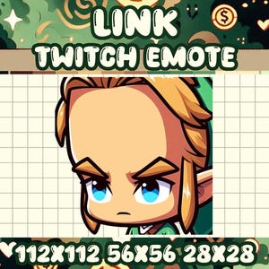 Puede incluir: Una ilustración de dibujos animados de Link de la serie de videojuegos The Legend of Zelda. La imagen es un emote de Twitch con el texto "LINK TWITCH EMOTE" encima de la imagen. La imagen está en un formato cuadrado con un fondo de cuadrícula.