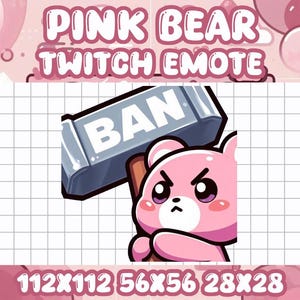 Pink Bear Ban Hammer Emote | Kawaii Gamer Icon for Twitch and Discord