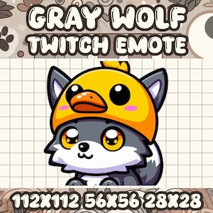 May include: A gray wolf wearing a yellow duck costume with a pink blush on its cheeks. The wolf is looking to the right. The image is on a white grid background with the text "112X112 56X56 28X28" at the bottom.