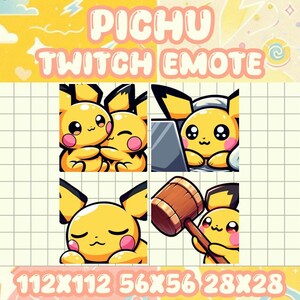 May include: A digital art graphic featuring four different Pikachu Twitch emotes. The emotes are yellow with pink cheeks and black eyes. The text "PICHU TWITCH EMOTE" is at the top, and the sizes 112x112, 56x56, and 28x28 are at the bottom.