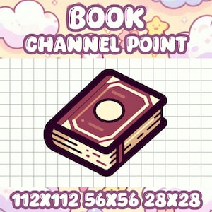 May include: A cartoon illustration of a closed book with a red cover and gold accents. The book is outlined in black and has a white circle in the center of the cover. The text "BOOK CHANNEL POINT" is above the book.