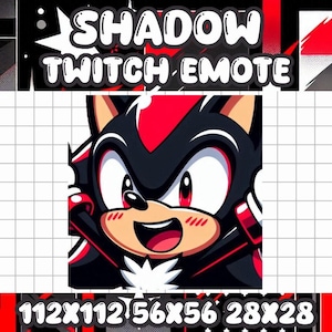 Puede incluir: Un personaje de dibujos animados negro y rojo con una sonrisa blanca y ojos rojos. El personaje es un personaje de videojuego llamado Shadow. La imagen es un emote de Twitch. El texto "SHADOW TWITCH EMOTE" está en la parte superior de la imagen. El texto "112X112 56X56 28X28" está en la parte inferior de la imagen.