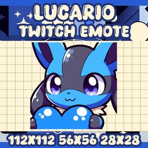 Könnte beinhalten: Eine digitale Illustration eines Lucario Twitch Emote. Die Figur ist blau und grau und hält ein blaues Herz. Der Text "LUCARIO TWITCH EMOTE" steht oben. Das Bild enthält Größenangaben: 112x112, 56x56 und 28x28.