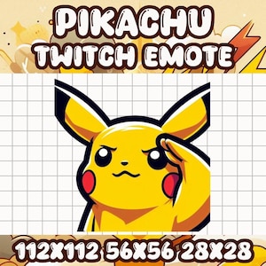 Puede incluir: Un emote de Pikachu Twitch amarillo con una mano levantada hacia la frente, con una expresión decidida. La imagen incluye el texto "PIKACHU TWITCH EMOTE" en una fuente juguetona y opciones de tamaño: 112x112, 56x56 y 28x28.