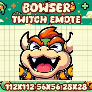 Puede incluir: Una ilustración de dibujos animados de Bowser, un personaje de la serie de videojuegos Super Mario, con un caparazón verde, cabello naranja y una expresión amenazante. La imagen es un emote de Twitch con el texto "BOWSER TWITCH EMOTE" encima de la imagen y las dimensiones "112X112 56X56 28X28" debajo de la imagen.