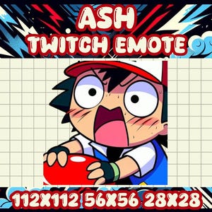 Puede incluir: Ilustración digital de un emote de Twitch con un personaje de dibujos animados con los ojos muy abiertos y la boca abierta, sosteniendo una bola roja. El texto "ASH TWITCH EMOTE" está en la parte superior, con las dimensiones en la parte inferior.