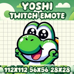Op de afbeelding: Een groen Yoshi-personage met grote ogen en een brede glimlach. Het personage wordt weergegeven tegen een rasterachtergrond met de tekst "YOSHI TWITCH EMOTE" erboven en de maten "112x112 56x56 28x28" eronder.