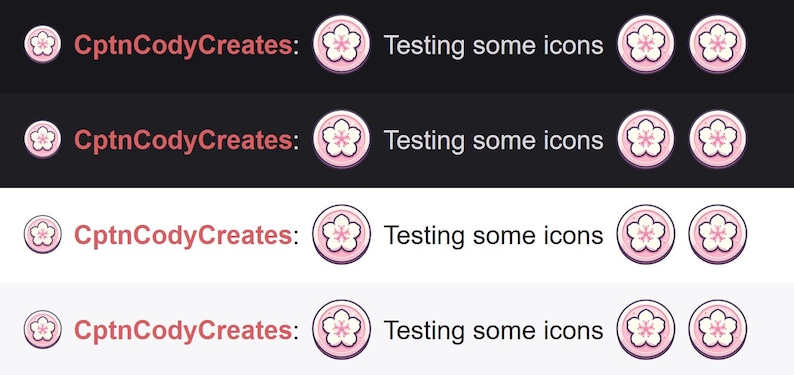 Puede incluir: Cuatro filas de iconos de flores de cerezo rosas y blancas con el texto "CptnCodyCreates: Testing some icons" en cada fila.