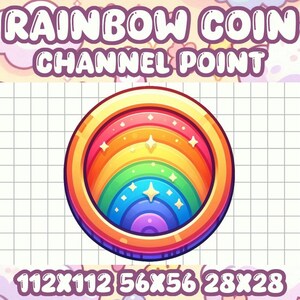 Könnte beinhalten: Ein Regenbogen-Münzen-Kanalpunkt mit goldener Umrandung und einem Regenbogen-Design. Die Münze befindet sich auf einem Gitterhintergrund mit dem Text "112x112 56x56 28x28" unten.