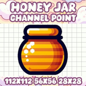 以下が含まれることがあります： 黄色とオレンジのストライプ模様のハチミツの壺の漫画イラスト。壺は黒い輪郭線があり、ハチミツで満たされています。壺の上に「HONEY JAR CHANNEL POINT」というテキストがあります。