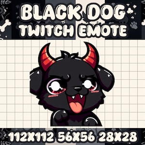 Peut inclure: Émoticône Twitch de chien noir avec des cornes rouges et un grand sourire. Le chien est noir avec des yeux blancs et une langue rose qui sort. Le texte "BLACK DOG TWITCH EMOTE" est au-dessus du chien.