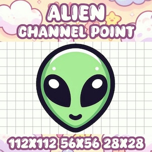 May include: A cartoon-style alien head with a green face, large black eyes, and a small smile. The image includes the text "ALIEN CHANNEL POINT" in a purple bubble font, along with size options: 112x112, 56x56, and 28x28.
