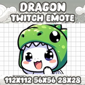 Puede incluir: Un personaje verde con forma de dragón con ojos grandes y una amplia sonrisa. El personaje lleva una camisa blanca con capucha y tiene un rubor rosado en las mejillas. La imagen está sobre un fondo de cuadrícula blanca con el texto "112x112 56x56 28x28" en la parte inferior.