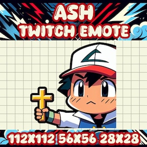 Könnte beinhalten: Cartoon-Illustration eines Charakters mit roter und weißer Mütze, der ein goldenes Kreuz hält. Das Bild ist mit "ASH TWITCH EMOTE" und Größenangaben versehen. Der Hintergrund zeigt ein Rastermuster und einen dekorativen Rand.