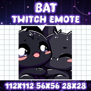 May include: A black and purple Twitch emote featuring two cartoon bats with big eyes and fangs. The text "BAT TWITCH EMOTE" is above the bats. The emote is available in three sizes: 112x112, 56x56, and 28x28.