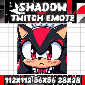 May include: A black and red cartoon character with large eyes and a maid outfit. The character is blushing and has a serious expression. The text "SHADOW TWITCH EMOTE" is above the character. The text "112X112 56X56 28X28" is below the character.