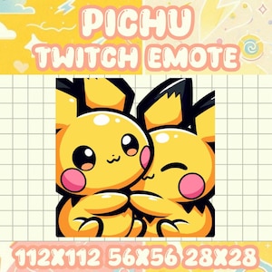 May include: A digital graphic featuring two yellow cartoon characters with black accents and pink cheeks, embracing. The text "PICHU TWITCH EMOTE" is displayed above the characters, with size dimensions below. The background is yellow and white.