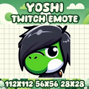 Könnte beinhalten: Ein grüner Yoshi-Charakter mit schwarzen Haaren und einem schwarzen Shirt. Der Charakter hat einen mürrischen Gesichtsausdruck. Der Text "YOSHI TWITCH EMOTE" befindet sich über dem Charakter. Der Text "112X112 56X56 28X28" befindet sich unter dem Charakter.