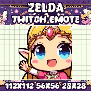 May include: A cartoon illustration of Zelda from the Legend of Zelda video game series. She is wearing a pink dress and a gold crown. Her eyes are large and blue, and she has a big smile. The image is a Twitch emote.