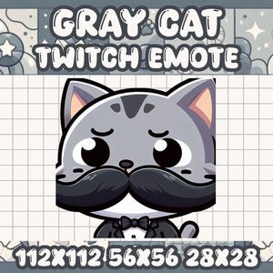 May include: Gray cat with a mustache and a tuxedo, wearing a bow tie. The cat is looking to the right. The image is a Twitch emote with the text "GRAY CAT TWITCH EMOTE" at the top.