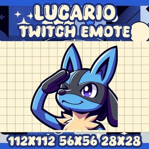 以下が含まれることがあります： 青と黒のルカリオTwitch絵文字グラフィック。画像には、敬礼する青いルカリオのキャラクターと、その上に「LUCARIO TWITCH EMOTE」というテキストが表示されています。画像にはサイズも含まれています：112x112、56x56、28x28。