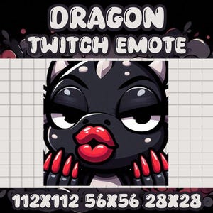 Puede incluir: Ilustración digital de un emote de Twitch de dragón negro con ojos grandes y labios rojos. El dragón se sujeta la cara con garras con uñas rojas. El texto "DRAGON TWITCH EMOTE" está en la parte superior, con opciones de tamaño.
