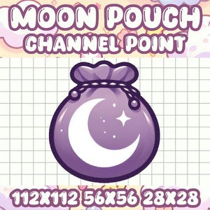 May include: Purple pouch with a white crescent moon and a white star. The pouch is tied with a string and has a white border. The text "MOON POUCH CHANNEL POINT" is above the pouch. The text "112X112 56X56 28X28" is below the pouch.