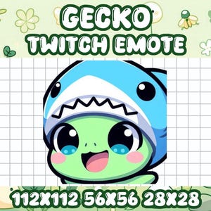 Könnte beinhalten: Ein grünes Cartoon-Gecko, das ein blaues Hai-Kostüm mit einem breiten Grinsen und großen Augen trägt. Das Bild ist mit "Gecko Twitch Emote" beschriftet und enthält die Abmessungen "112x112 56x56 28x28".