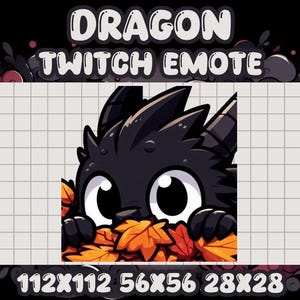 May include: A black dragon with large eyes peeks out from behind a pile of orange and yellow leaves. The image is a Twitch emote with the text "112x112 56x56 28x28" at the bottom.