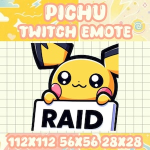May include: A yellow Pichu Twitch emote with a smiling face, holding a sign that says "RAID". The background is yellow with decorative elements and the text "PICHU TWITCH EMOTE". The image also includes the sizes 112x112, 56x56, and 28x28.