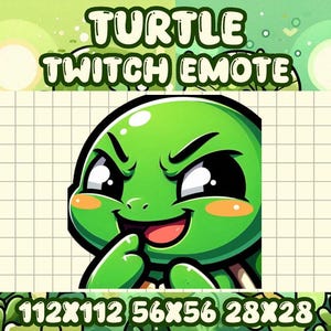 May include: Green cartoon turtle with a mischievous expression, wearing a shell. The turtle is looking to the right. The image is labeled "TURTLE TWITCH EMOTE" and includes the dimensions "112x112 56x56 28x28".