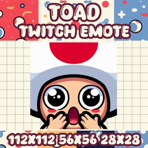 May include: A cartoon character with large eyes and a surprised expression. The character is wearing a white hat with a red circle on top. The character is holding its hands to its cheeks. The image is a Twitch emote with the text "TOAD TWITCH EMOTE" above the character. The image also includes the text "112X112 156X56 28X28" at the bottom.