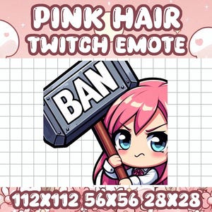 Pink Hair Girl Ban Hammer Emote: Kawaii Chibi Twitch/Discord Moderator Icon (Digital Download)