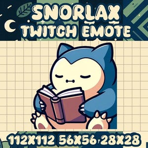 Puede incluir: Ilustración digital de un emote de Twitch de Snorlax. El Snorlax azul y crema está leyendo un libro con los ojos cerrados. El fondo es un patrón de cuadrícula con el texto "SNORLAX TWITCH EMOTE" y dimensiones.