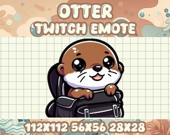 Pode incluir: Uma lontra de desenho animado com pelo marrom, olhos grandes e barriga branca está espiando de uma mochila preta. A lontra está sorrindo e tem uma expressão feliz. A imagem é um emote do Twitch.