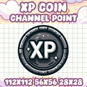 May include: A black and white coin with the letters "XP" in the center. The coin has a silver rim and a grid pattern around the edge. The text "XP COIN CHANNEL POINT" is above the coin and the text "112X112 56X56 28X28" is below the coin.