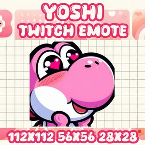 May include: A pink Yoshi character with large eyes and hearts in them, blushing with a big smile. The character is looking to the right. The text "YOSHI TWITCH EMOTE" is above the character. The text "112X112 56X56 28X28" is below the character.