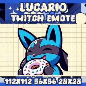 Könnte beinhalten: Digitale Illustration eines blau-schwarzen Cartoon-Charakters, Lucario, der einen Donut isst. Das Bild enthält den Text "LUCARIO TWITCH EMOTE" und Größenangaben. Der Hintergrund ist ein Rastermuster mit blauem Rand.