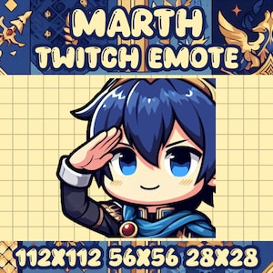 Könnte beinhalten: Ein blaues und goldenes Twitch-Emote mit einer Cartoon-Figur mit blauen Haaren und einem blauen und goldenen Outfit, das salutiert. Der Text "MARTH TWITCH EMOTE" befindet sich über der Figur. Das Emote ist in drei Größen verfügbar: 112x112, 56x56 und 28x28.