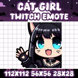 May include: A digital illustration of a cat girl with black hair, blue eyes, and a black and white outfit. The image is set against a purple and black background with stars and bats. The text "CAT GIRL TWITCH EMOTE" is at the top of the image. The image is available in three sizes: 112x112, 56x56, and 28x28.