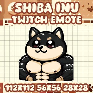 Puede incluir: Un personaje de dibujos animados Shiba Inu en blanco y negro con un cuerpo musculoso. El personaje sonríe y tiene ojos grandes. El texto "SHIBA INU TWITCH EMOTE" está por encima del personaje. El texto "112X112 56X56 28X28" está debajo del personaje.