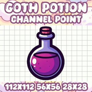 May include: A purple potion bottle with a red cork, on a white and gray grid background. The text "GOTH POTION CHANNEL POINT" is above the bottle. The numbers "112x112 56x56 28x28" are below the bottle.