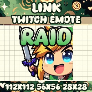 Puede incluir: Un personaje de dibujos animados verde y blanco con cabello rubio y ojos azules sosteniendo una espada. El personaje lleva una túnica verde y un cinturón marrón. La palabra "RAID" está escrita en letras verdes sobre el personaje. El texto "LINK TWITCH EMOTE" está escrito sobre el personaje. El texto "112X112 56X56 28X28" está escrito debajo del personaje.