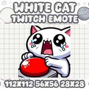 Może przedstawiać: Emotka Twitch białego kota z dużymi oczami i czerwonym przyciskiem. Kot płacze i ma zaskoczony wyraz twarzy. Emotka jest dostępna w trzech rozmiarach: 112x112, 56x56 i 28x28.