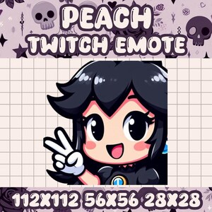 May include: A cartoon illustration of a female character with black hair and a black dress, making a peace sign with her right hand. The character has large eyes and a bright smile. The image is a Twitch emote.
