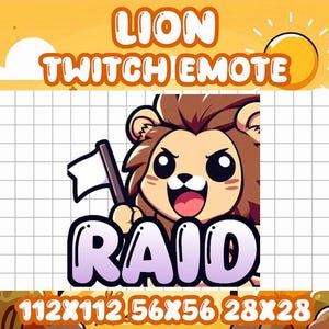May include: A cartoon lion with a white flag that says "RAID" in purple letters. The lion is holding the flag in its right paw and has a determined expression on its face. The background is a grid pattern.